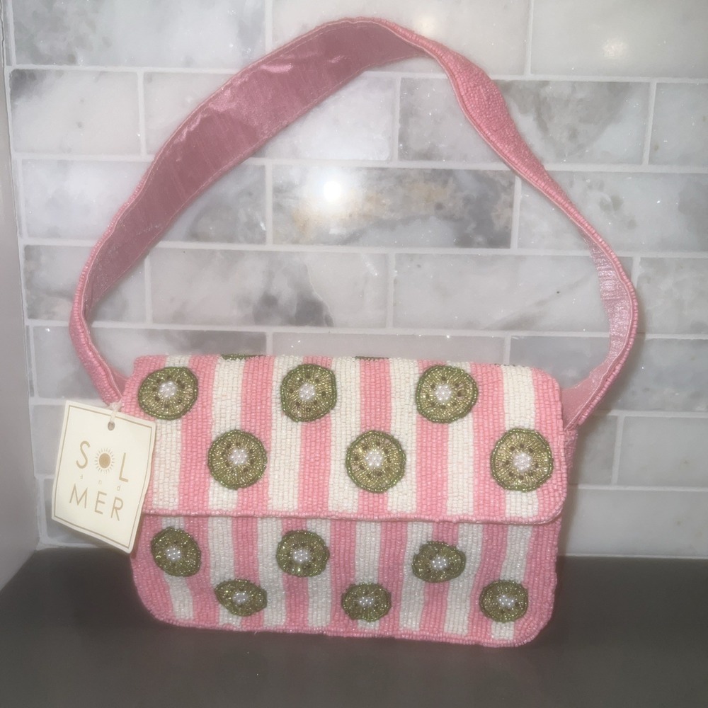 NEW-Pink Striped Beaded Kiwi Shoulder Bag Handmade in India Trendy